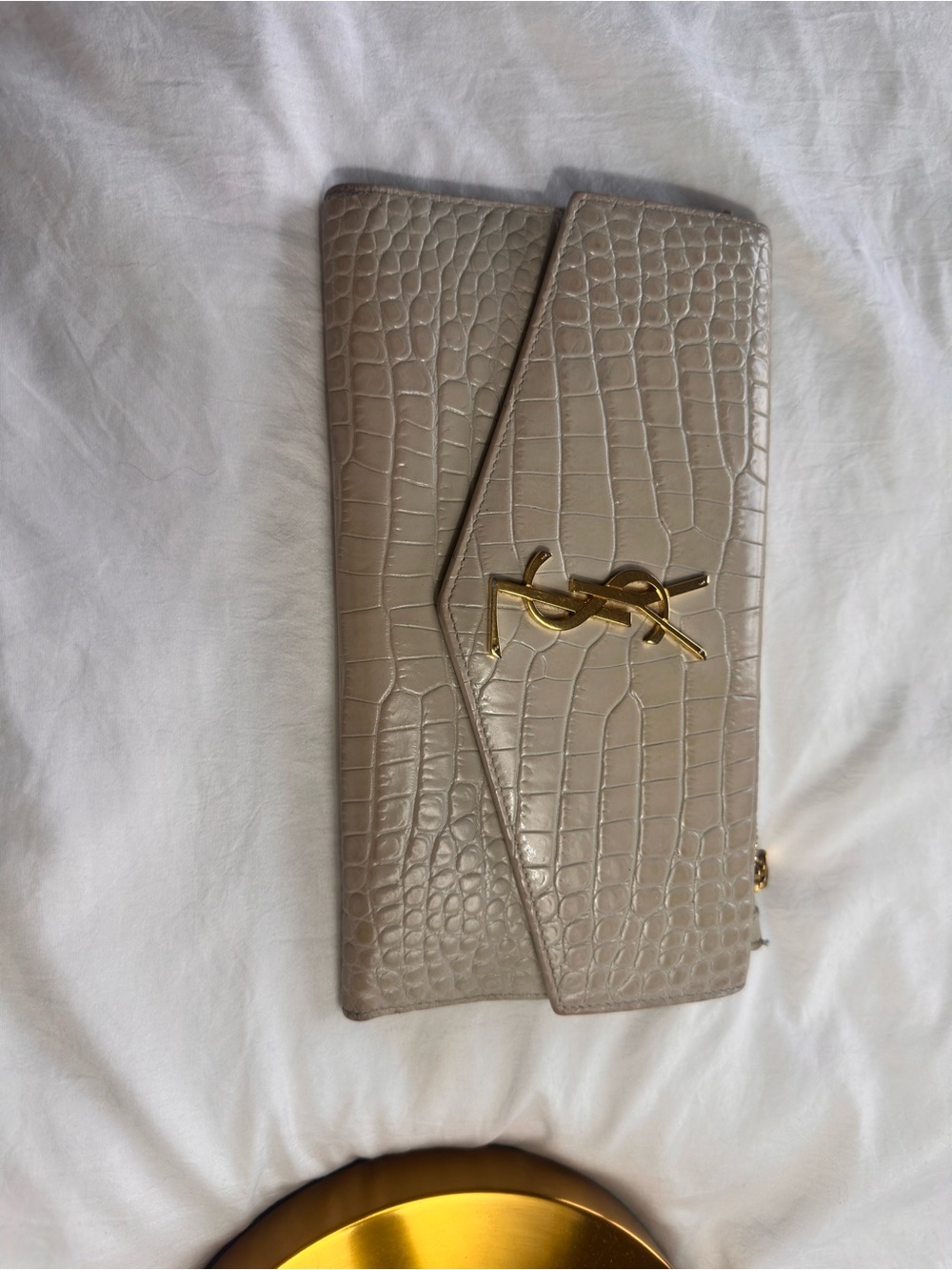 Saint Laurent Croc-Embossed Taupe Envelope Clutch/ wallet with Gold YSL Hardware